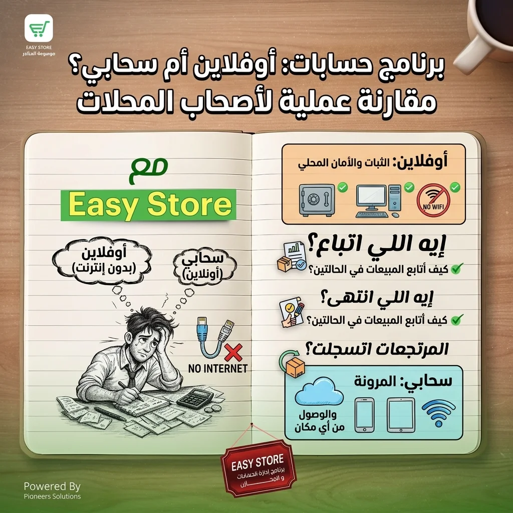 برنامج حسابات يشتغل بدون إنترنت أم سحابي؟ مقارنة عملية لأصحاب المحلات