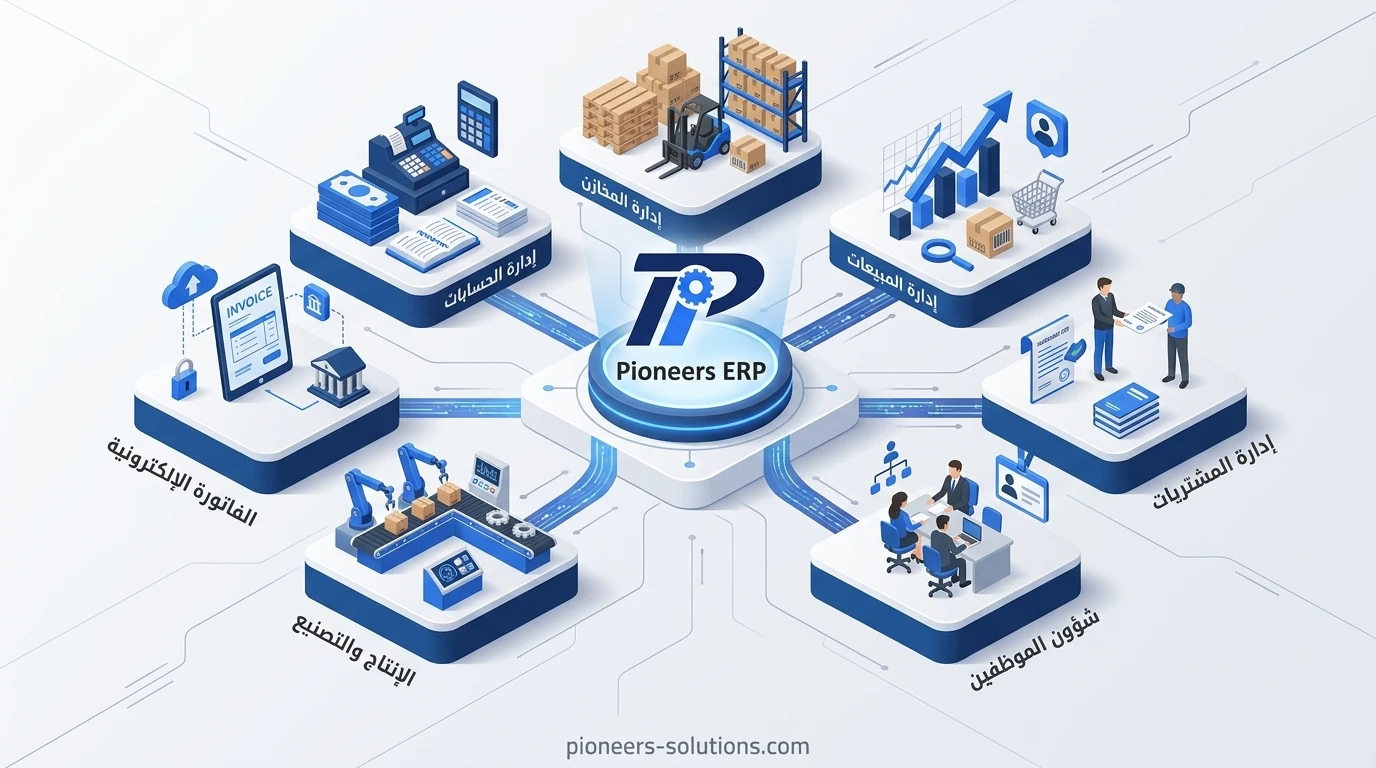 إنفوجرافيك موديولات نظام Pioneers ERP المتكامل